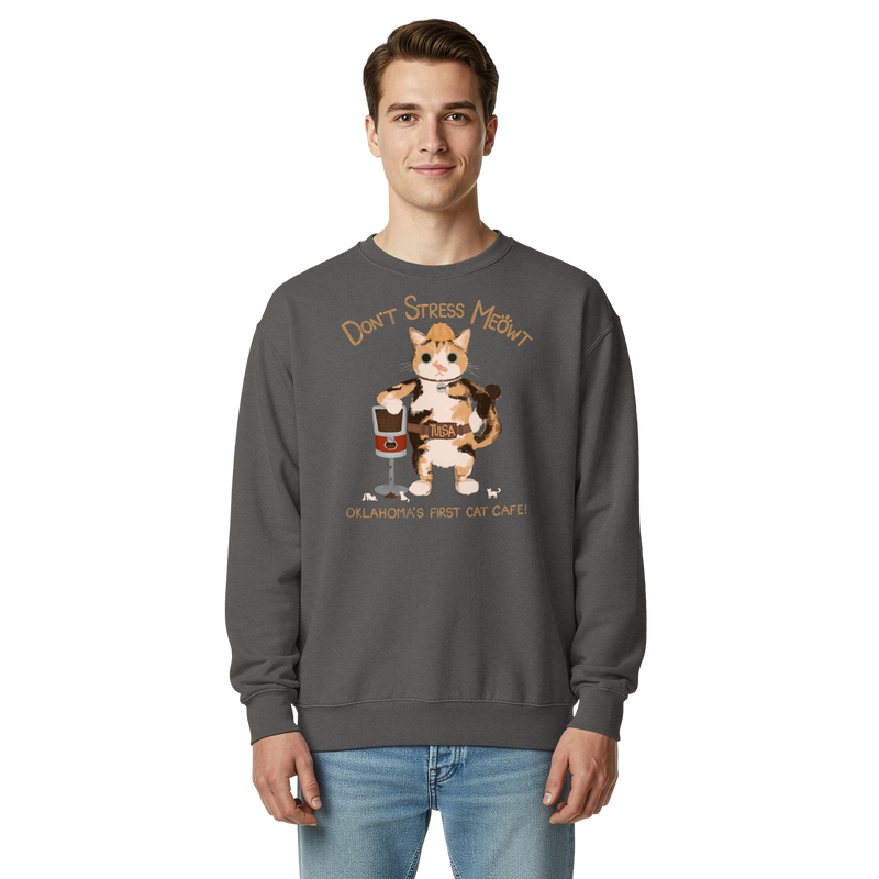 Model wearing a pepper charcoal grey garment-dyed sweatshirt with a calico cowboy cat and Don't Stress Meowt cat cafe lettering.