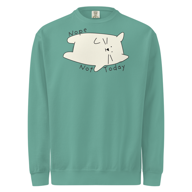 Seafoam green garment-dyed sweatshirt with a cream cartoon cat and 'Nope Not Today' lettering.