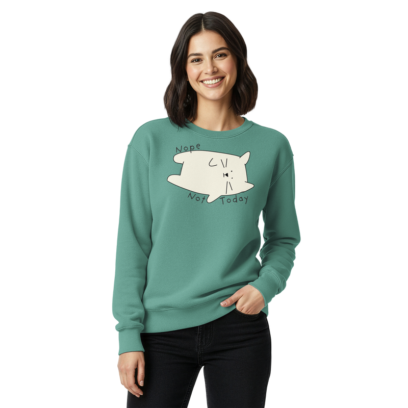 Seafoam green garment-dyed sweatshirt with a cream cartoon cat and 'Nope Not Today' lettering.