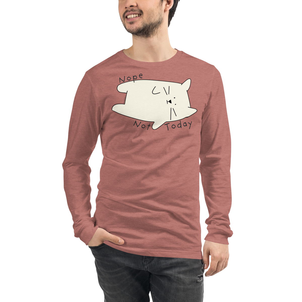 Heather mauve long sleeve T-shirt with a cream cartoon cat and 'Nope Not Today' lettering.