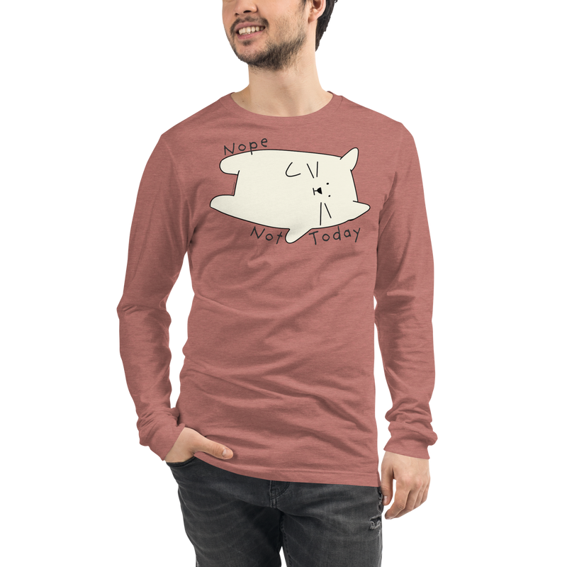 Heather mauve long sleeve T-shirt with a cream cartoon cat and 'Nope Not Today' lettering.
