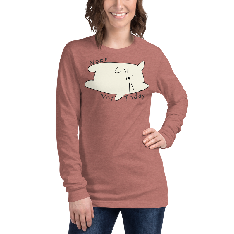 Heather mauve long sleeve T-shirt with a cream cartoon cat and 'Nope Not Today' lettering.
