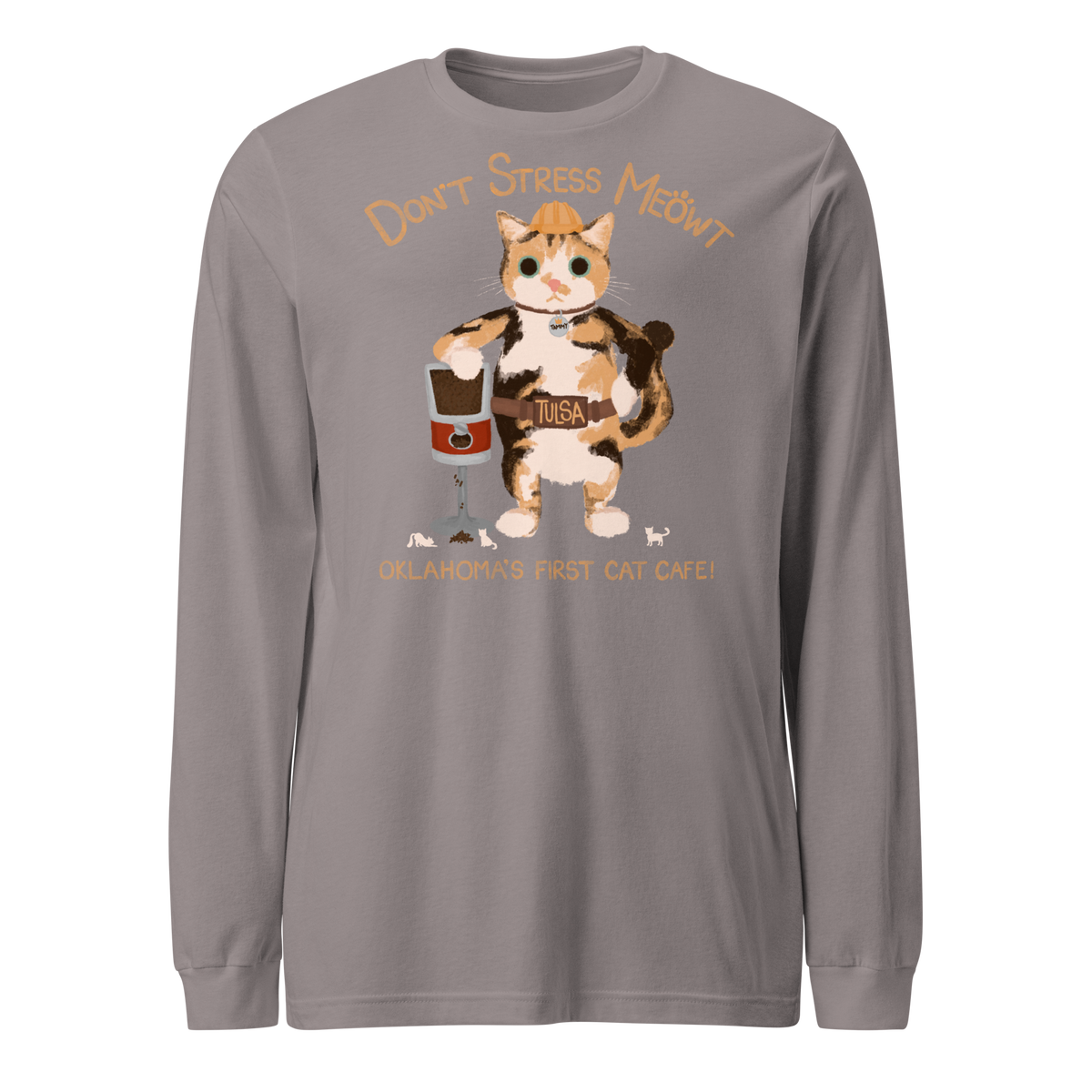 Storm grey long sleeve T-shirt with a calico cowboy cat and Don't Stress Meowt cat cafe lettering.