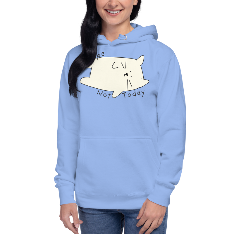Carolina blue pullover hoodie with a cream cartoon cat and 'Nope Not Today' lettering.
