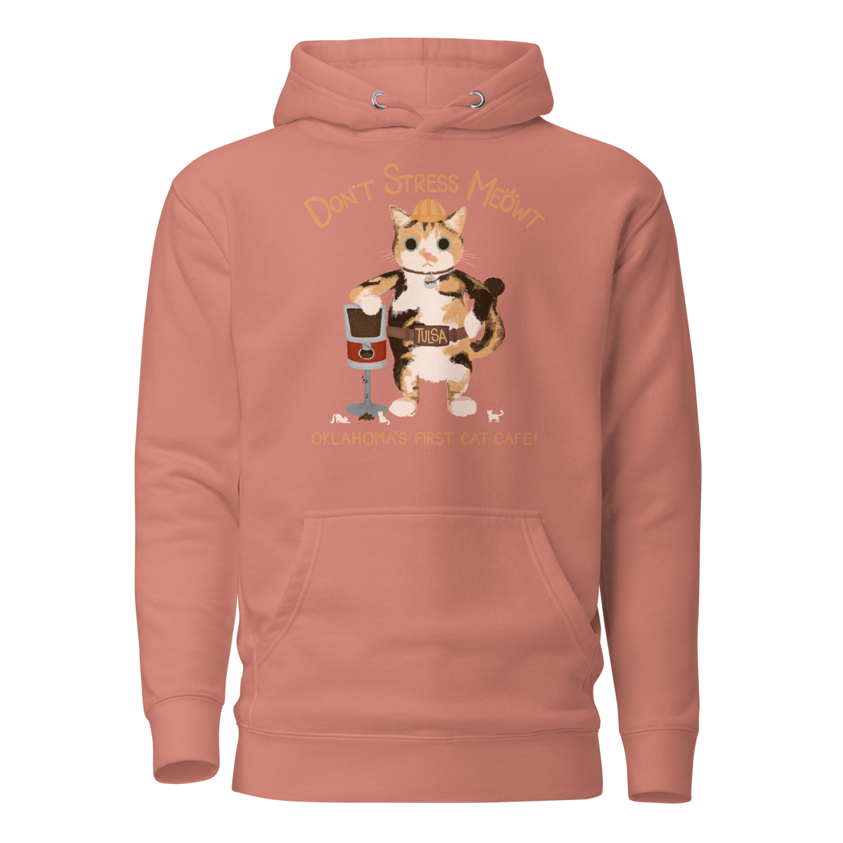 Dusty rose pink pullover hoodie with a calico cowboy cat and Don't Stress Meowt cat cafe lettering.