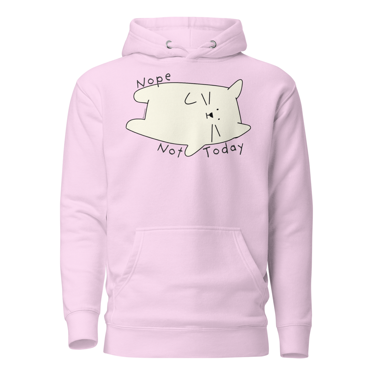 Lavender pullover hoodie with a cream cartoon cat and 'Nope Not Today' lettering.
