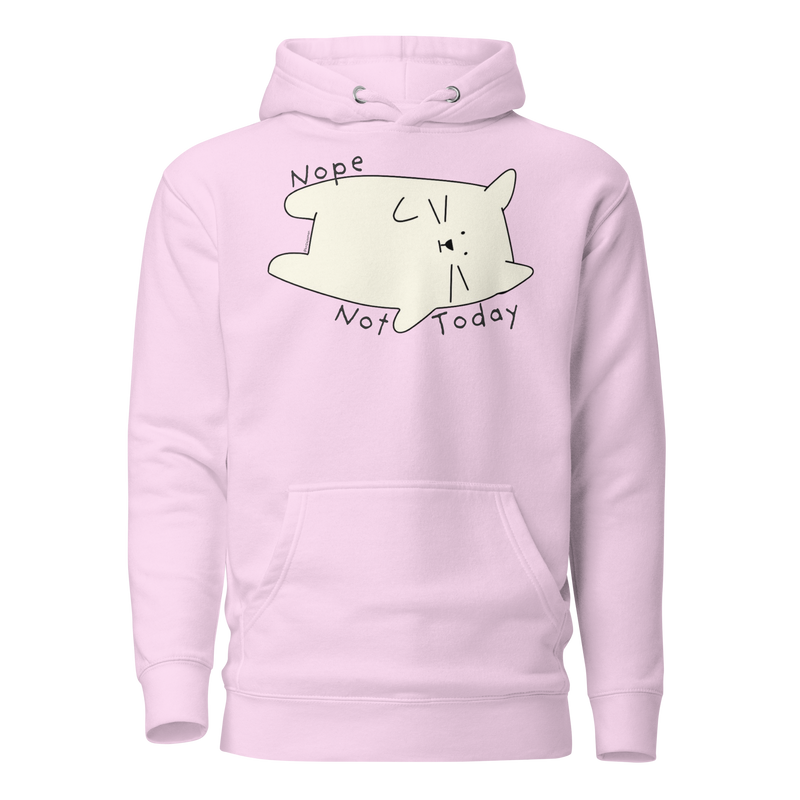 Lavender pullover hoodie with a cream cartoon cat and 'Nope Not Today' lettering.