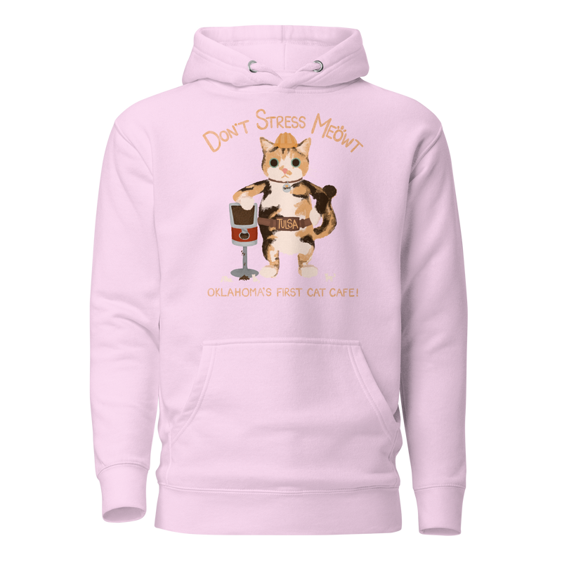 Lavender purple pullover hoodie with a calico cowboy cat and Don't Stress Meowt cat cafe lettering.
