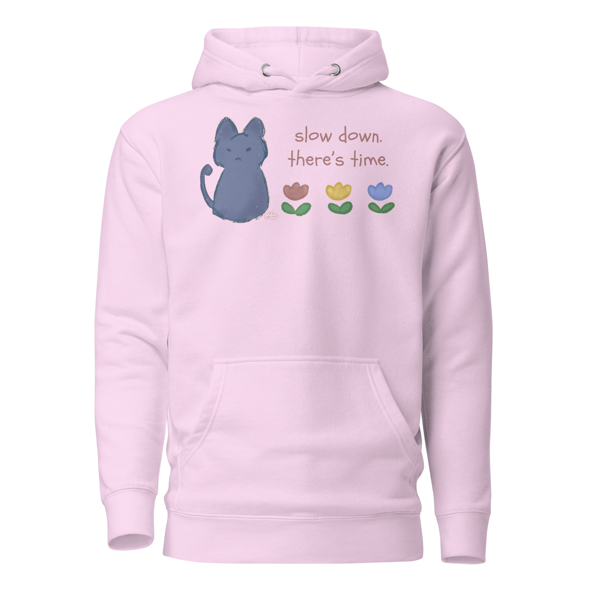 Lavender purple pullover hoodie with a blue cat, three flowers, and 'Slow down, there's time' lettering.