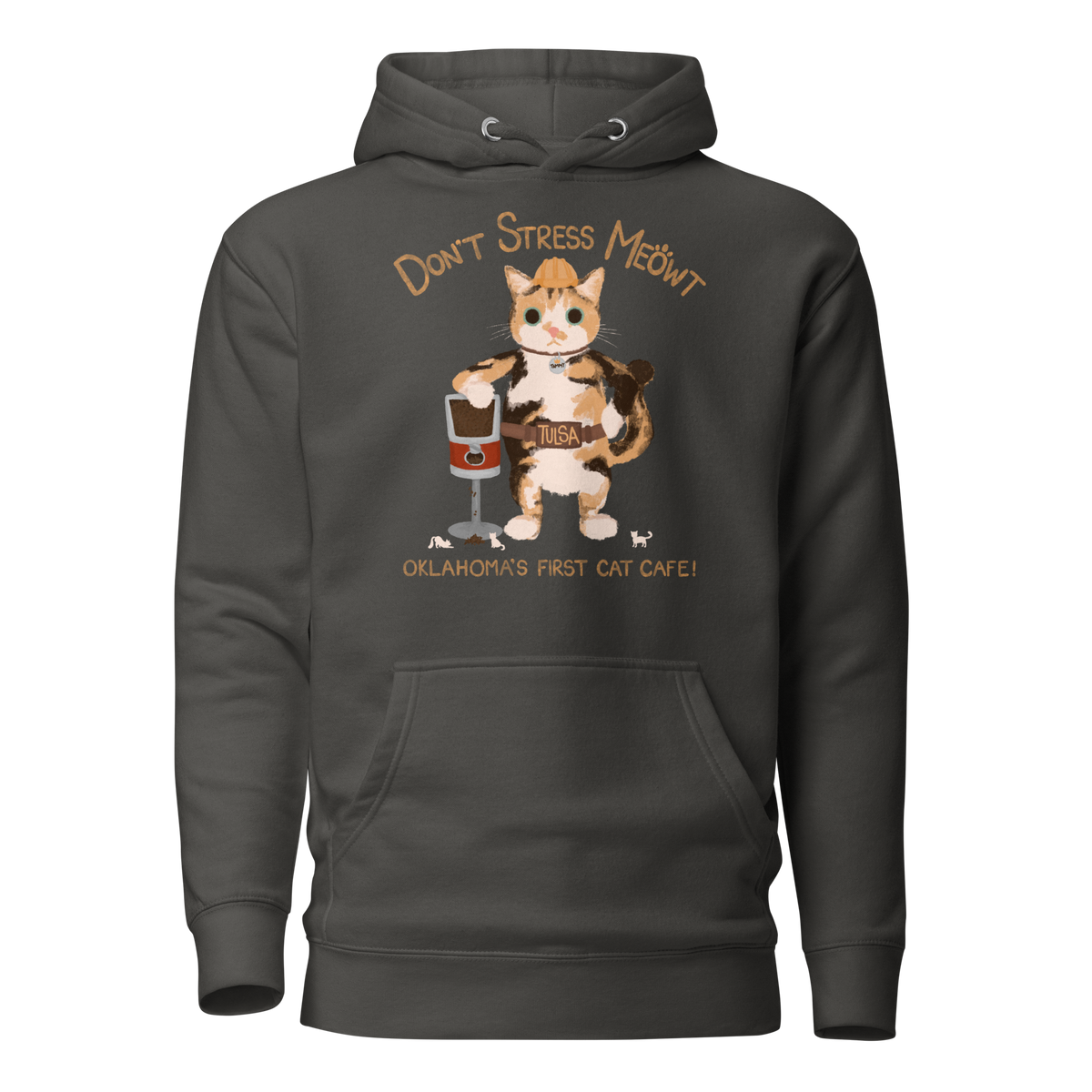 Vintage black pullover hoodie with a calico cowboy cat and Don't Stress Meowt cat cafe lettering.