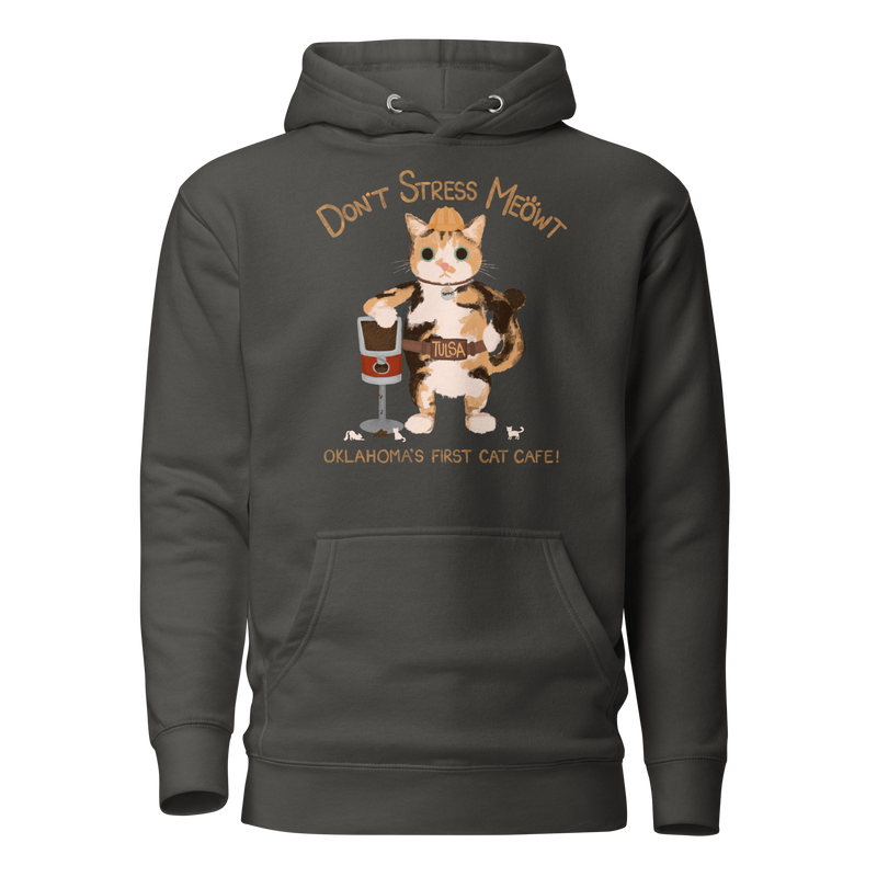 Vintage black pullover hoodie with a calico cowboy cat and Don't Stress Meowt cat cafe lettering.