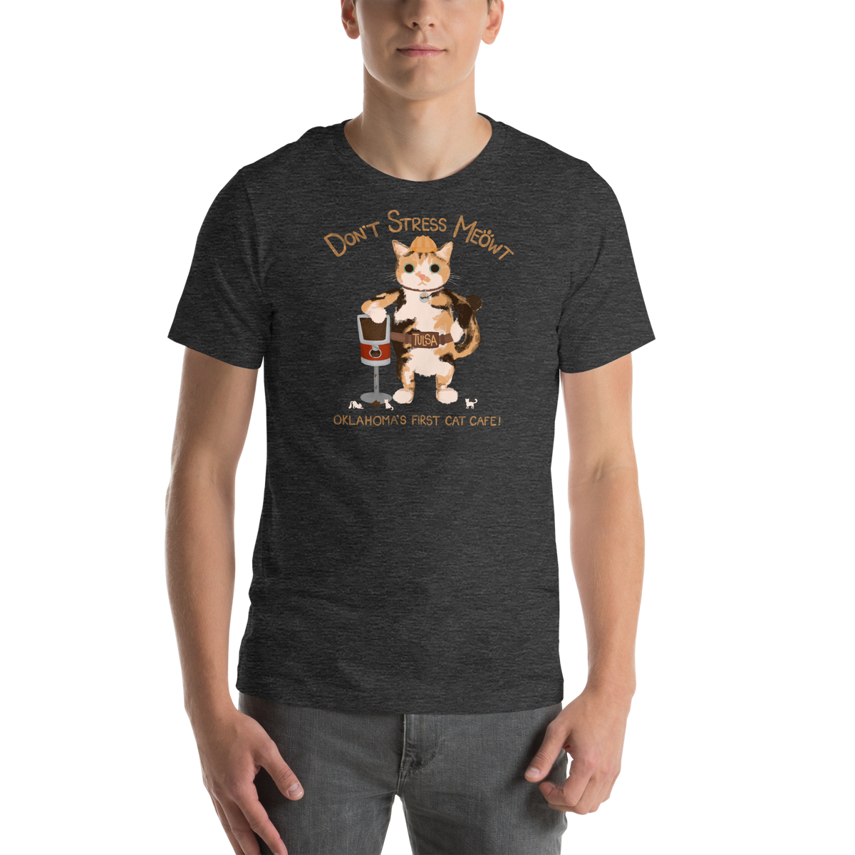 Model wearing a dark heather grey Bella + Canvas T-shirt with a calico cowboy cat and Don't Stress Meowt cat cafe lettering.