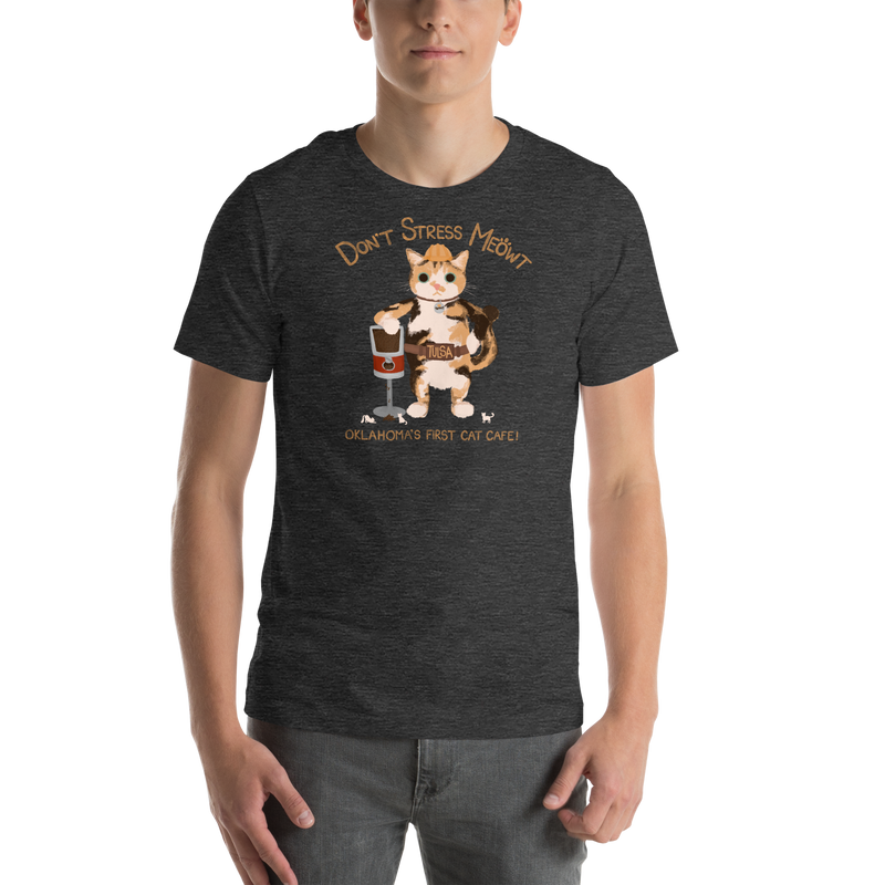 Model wearing a dark heather grey Bella + Canvas T-shirt with a calico cowboy cat and Don't Stress Meowt cat cafe lettering.