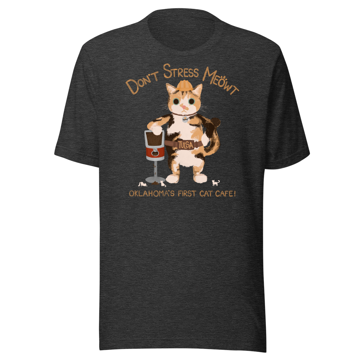 Dark heather grey Bella + Canvas T-shirt with a calico cowboy cat and Don't Stress Meowt cat cafe lettering.