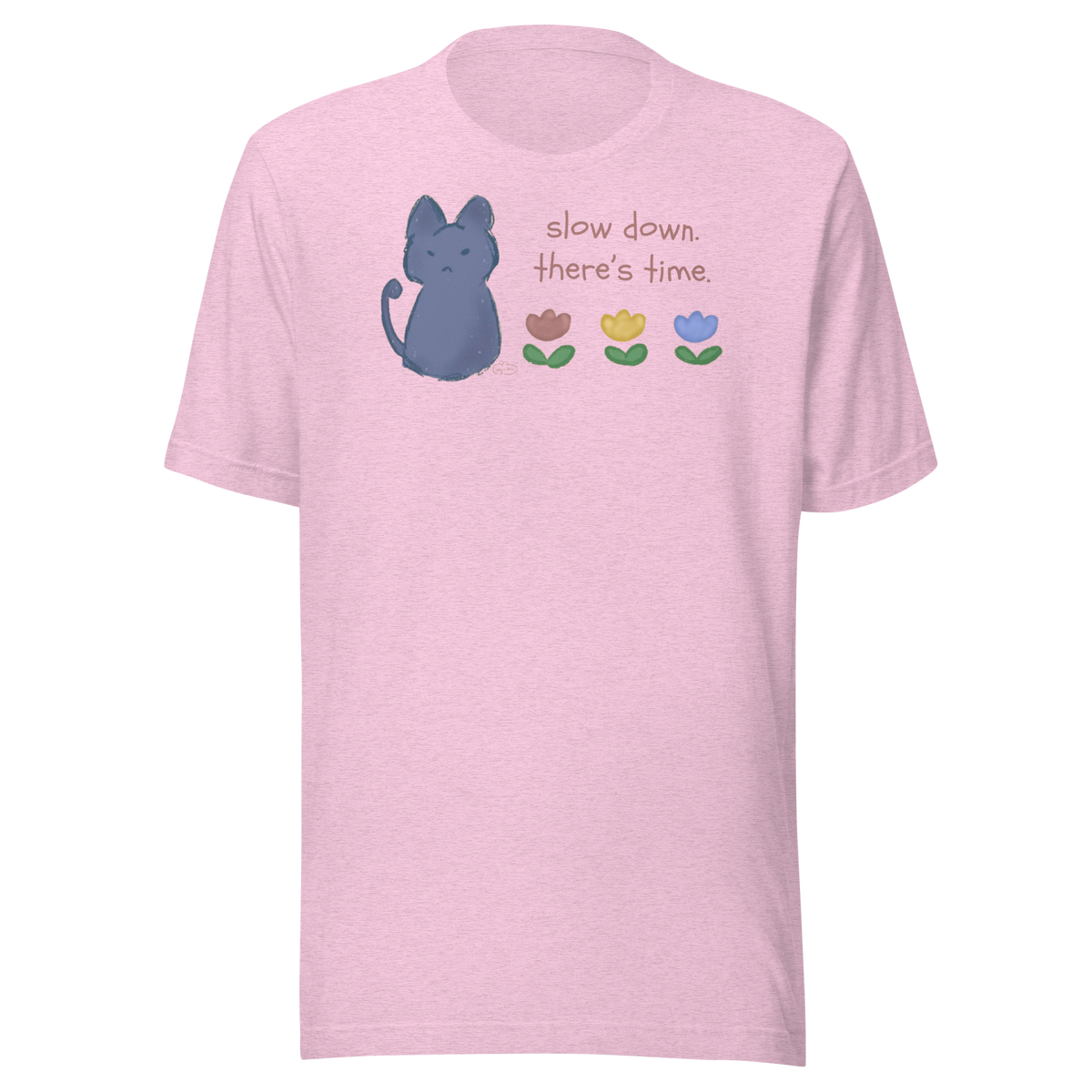 Heather prism lilac Bella + Canvas T-shirt with a blue cat, three flowers, and 'Slow down, there's time' lettering.
