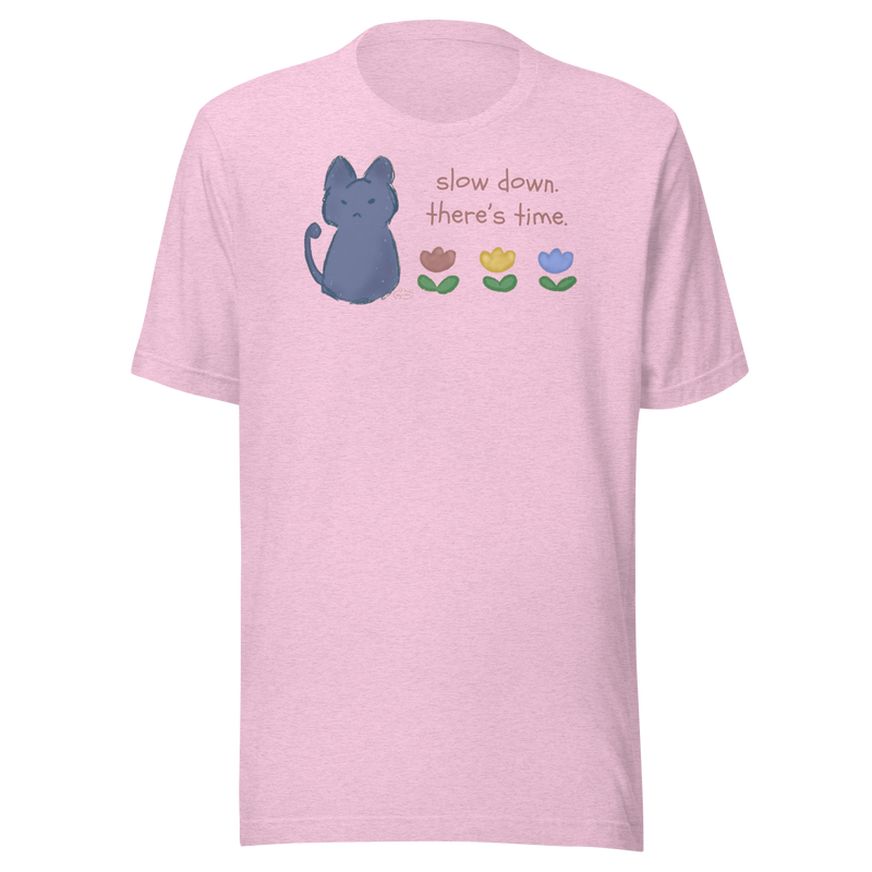 Heather prism lilac Bella + Canvas T-shirt with a blue cat, three flowers, and 'Slow down, there's time' lettering.