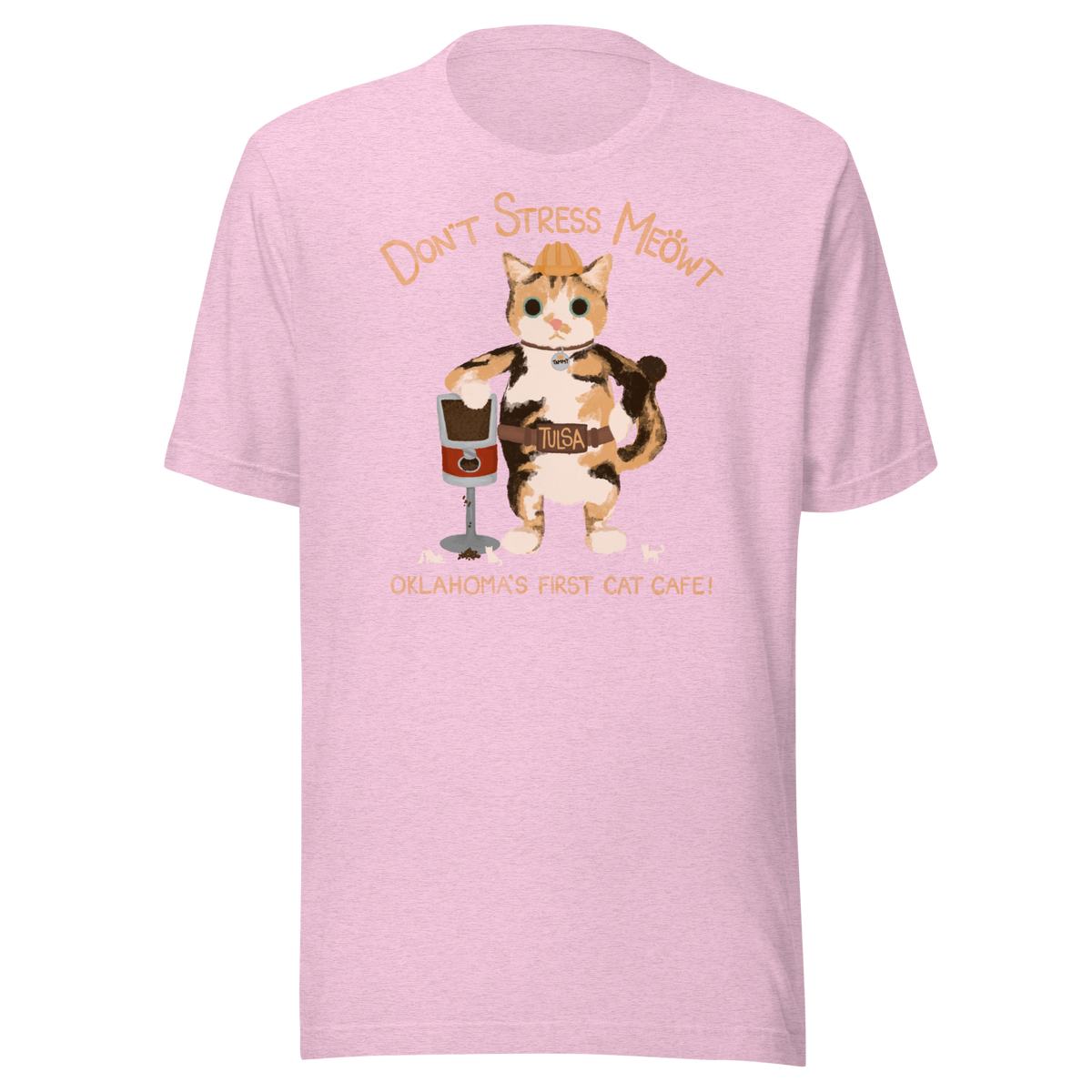 Heather prism lilac Bella + Canvas T-shirt with a calico cowboy cat and Don't Stress Meowt cat cafe lettering.