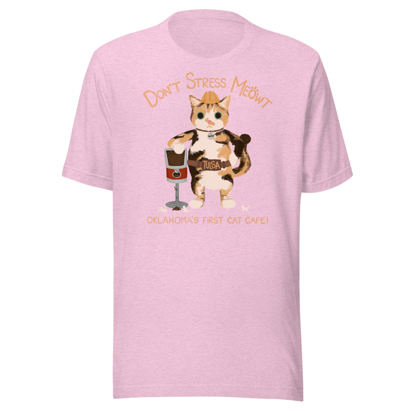 Heather prism lilac Bella + Canvas T-shirt with a calico cowboy cat and Don't Stress Meowt cat cafe lettering.