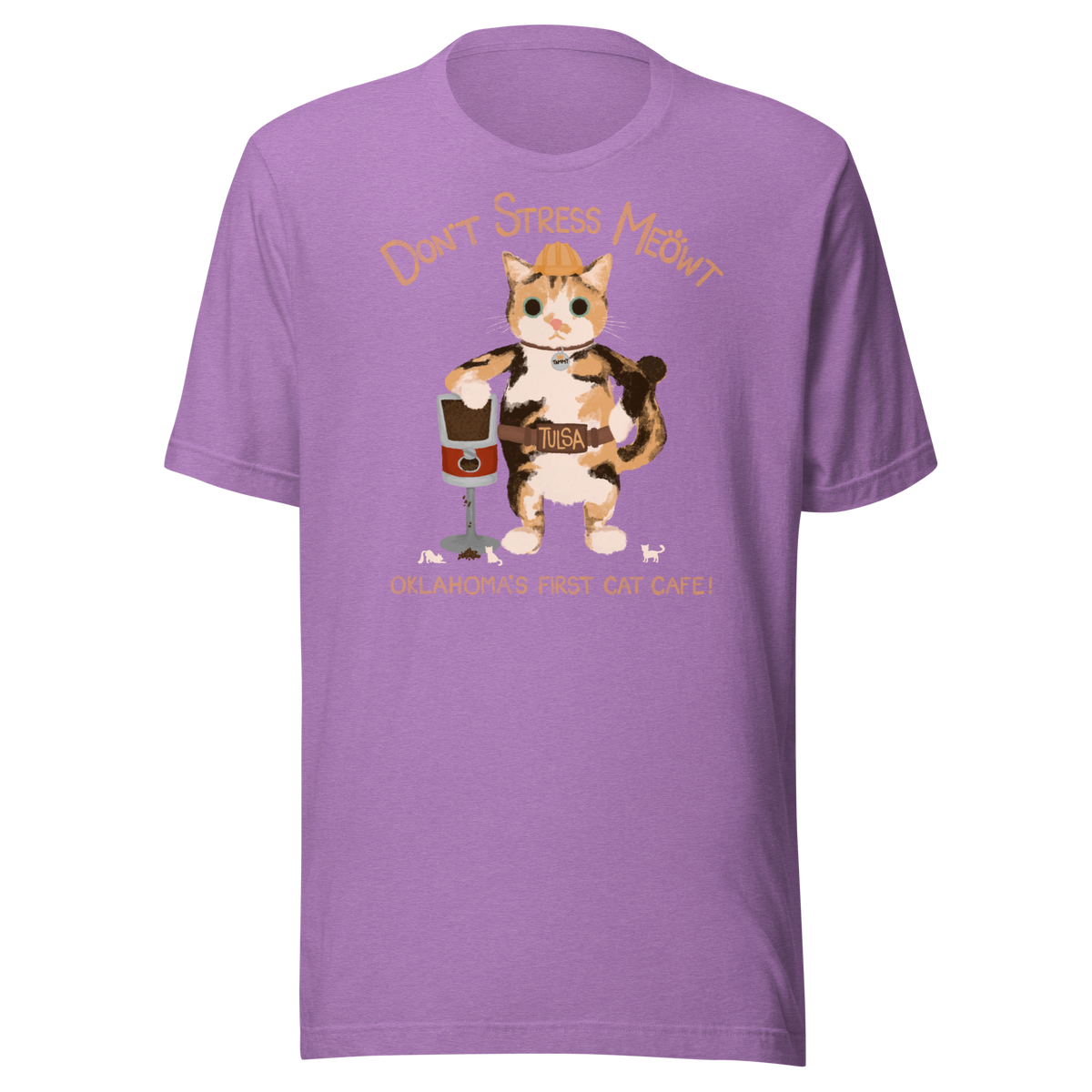 Heather team purple Bella + Canvas T-shirt with a calico cowboy cat and Don't Stress Meowt cat cafe lettering.