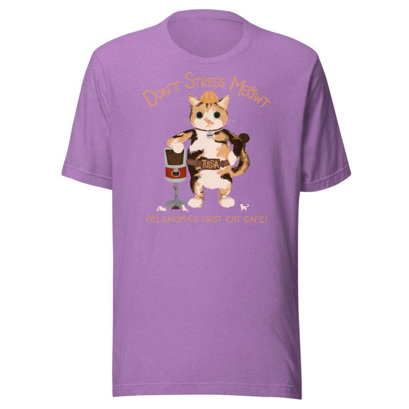 Heather team purple Bella + Canvas T-shirt with a calico cowboy cat and Don't Stress Meowt cat cafe lettering.