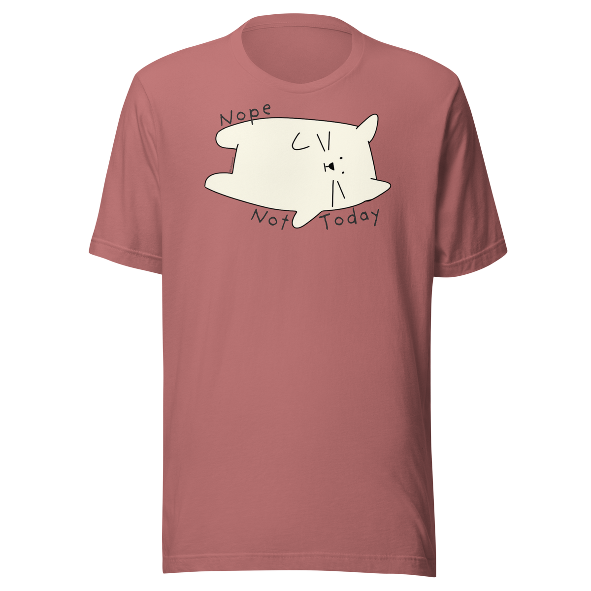Mauve Bella + Canvas T-shirt with a cream cartoon cat and 'Nope Not Today' lettering.