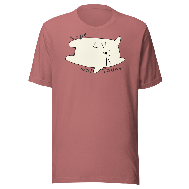 Mauve Bella + Canvas T-shirt with a cream cartoon cat and 'Nope Not Today' lettering.