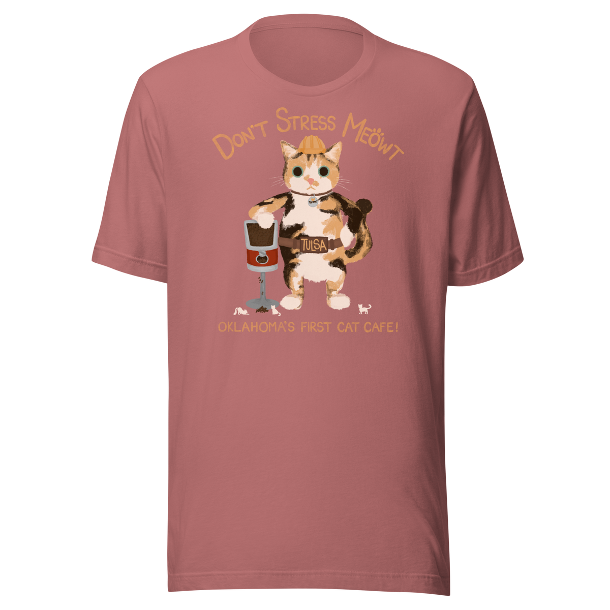 Mauve pink Bella + Canvas T-shirt with a calico cowboy cat and Don't Stress Meowt cat cafe lettering.