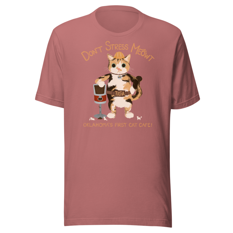 Mauve pink Bella + Canvas T-shirt with a calico cowboy cat and Don't Stress Meowt cat cafe lettering.