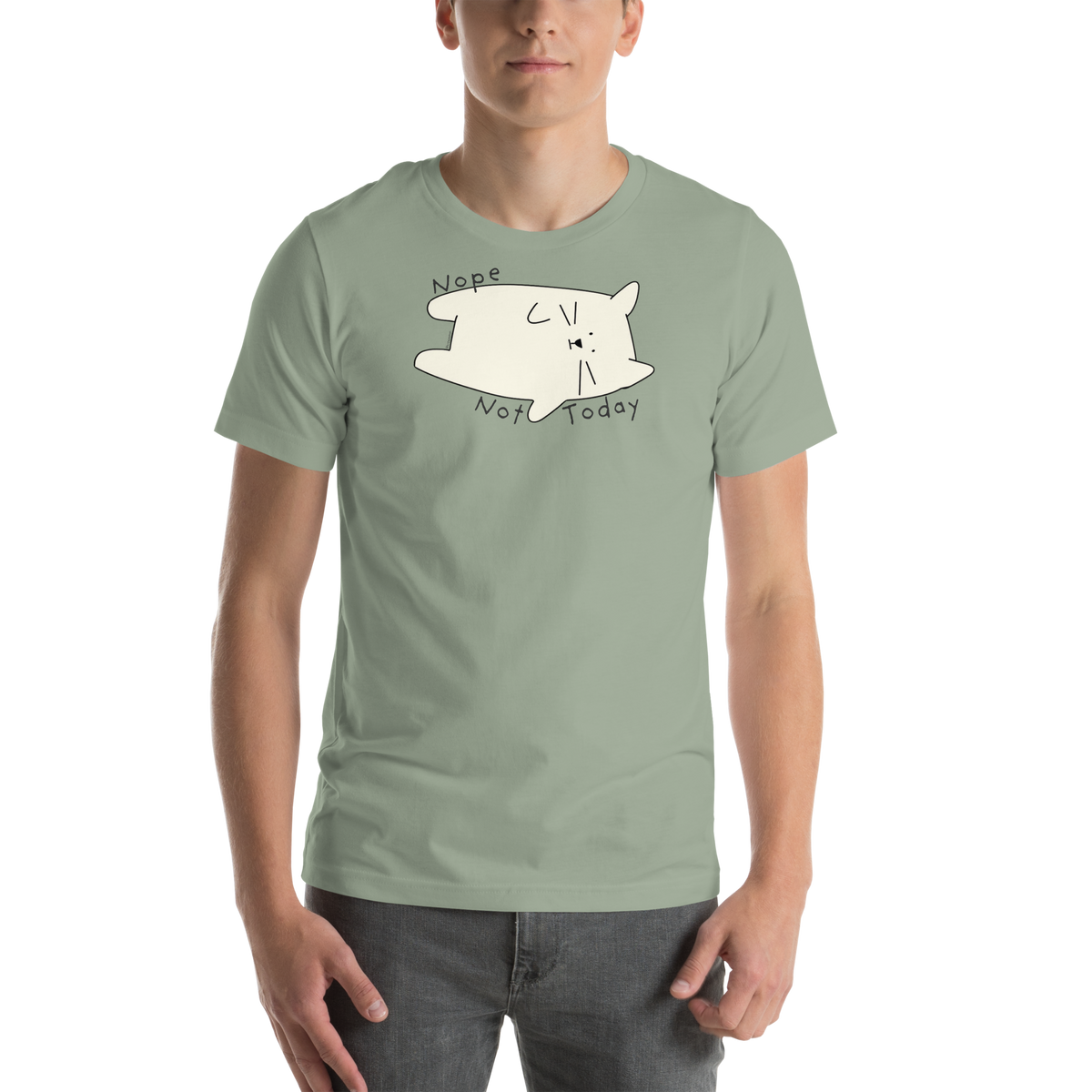 Sage green Bella + Canvas T-shirt with a cream cartoon cat and 'Nope Not Today' lettering.