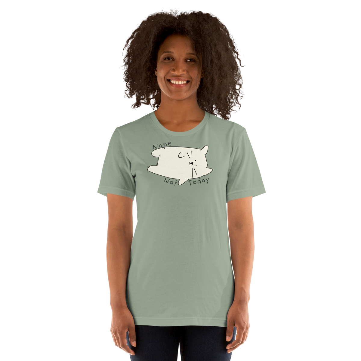Sage green Bella + Canvas T-shirt with a cream cartoon cat and 'Nope Not Today' lettering.