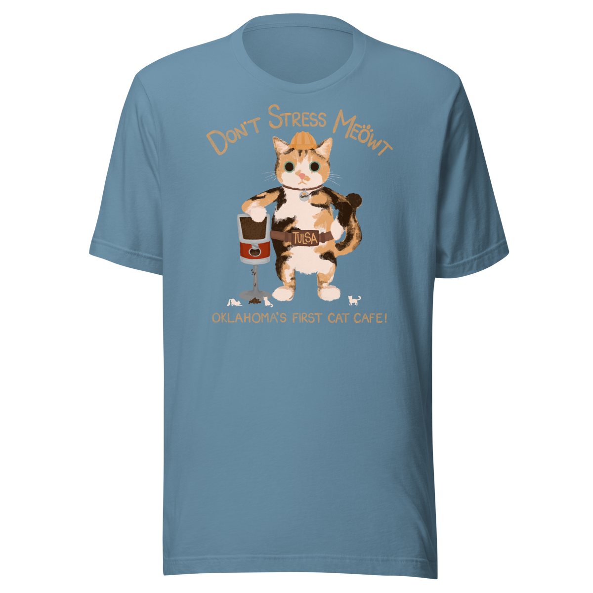 Steel blue Bella + Canvas T-shirt with a calico cowboy cat and Don't Stress Meowt cat cafe lettering.