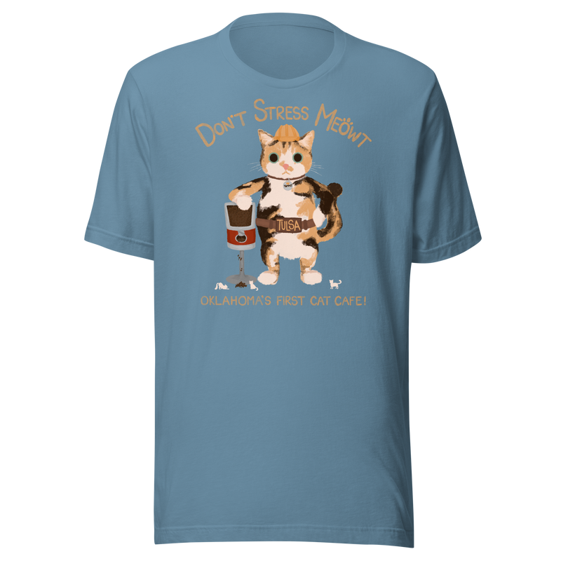 Steel blue Bella + Canvas T-shirt with a calico cowboy cat and Don't Stress Meowt cat cafe lettering.