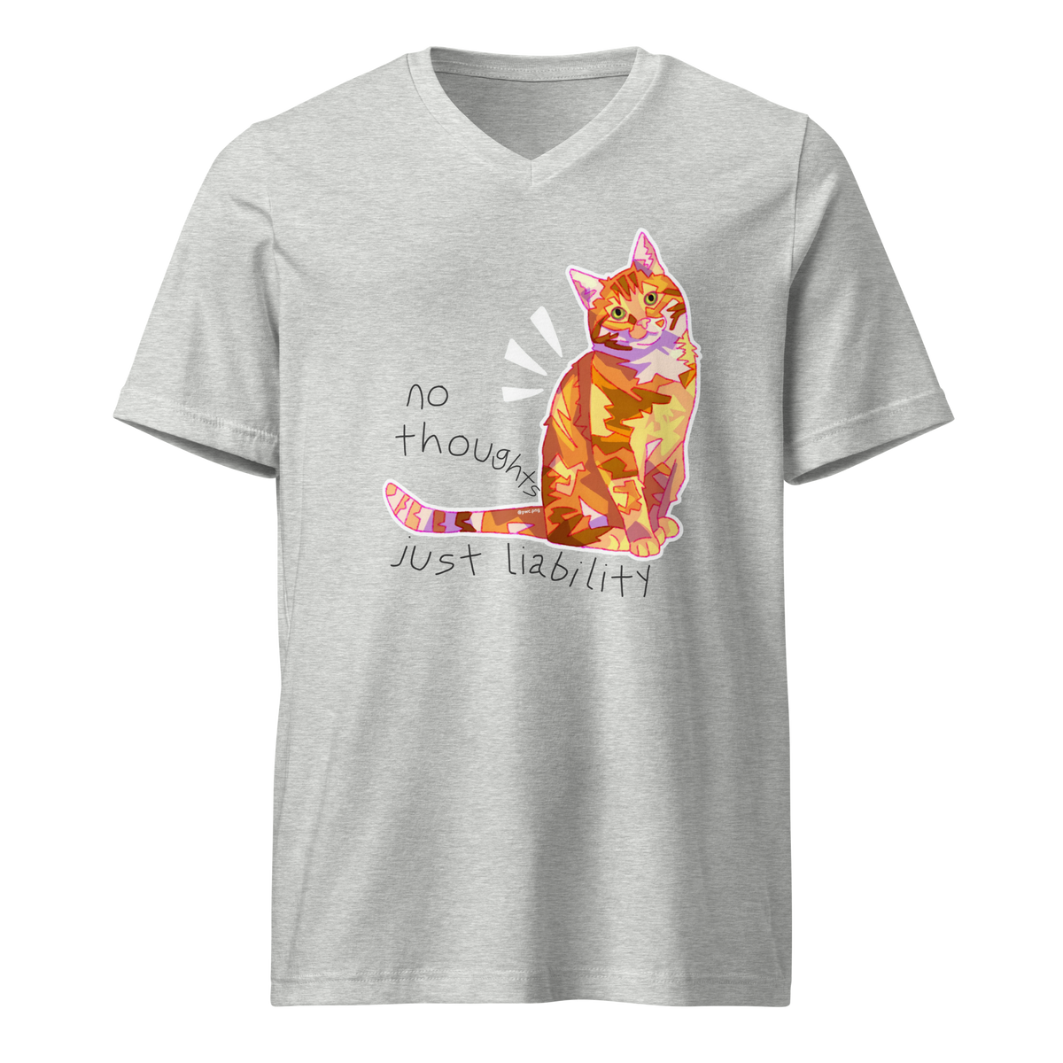 Athletic heather grey V-neck T-shirt with a colorful orange cat and 'No Thoughts Just Liability' lettering.