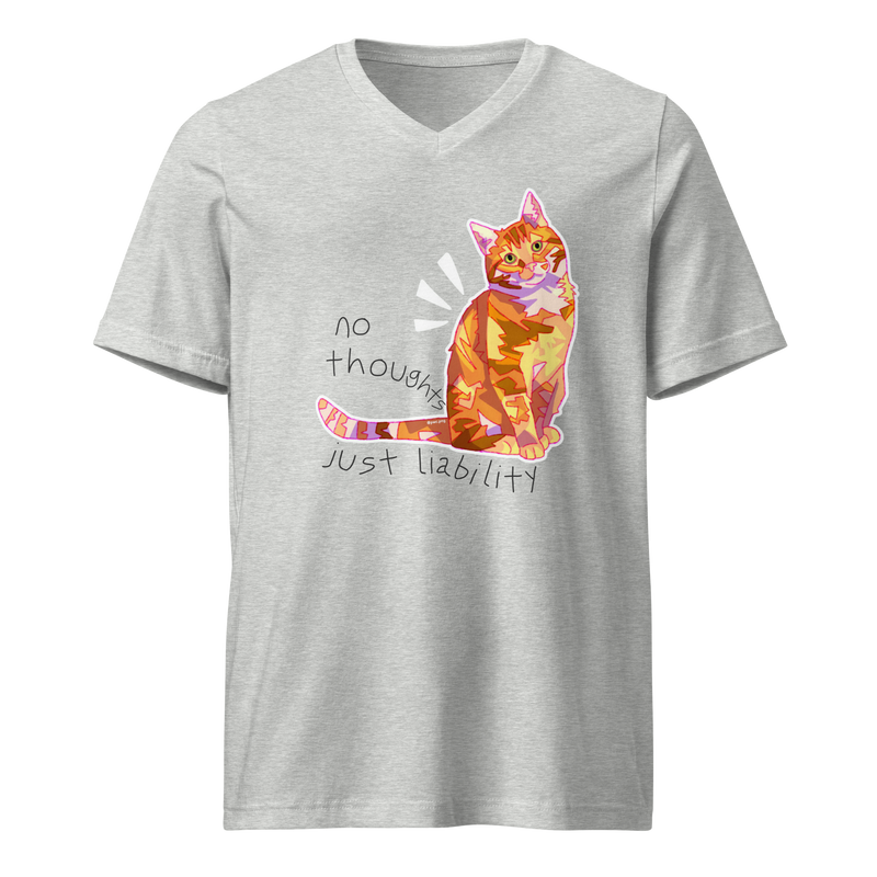 Athletic heather grey V-neck T-shirt with a colorful orange cat and 'No Thoughts Just Liability' lettering.