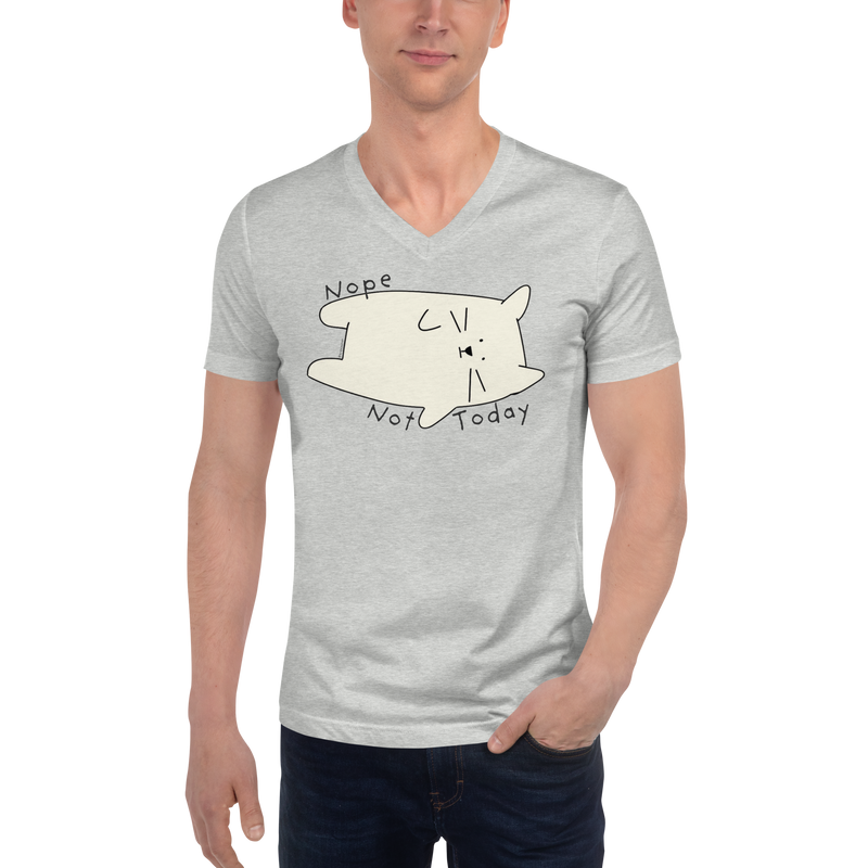 Athletic heather grey V-neck T-shirt with a cream cartoon cat and 'Nope Not Today' lettering.