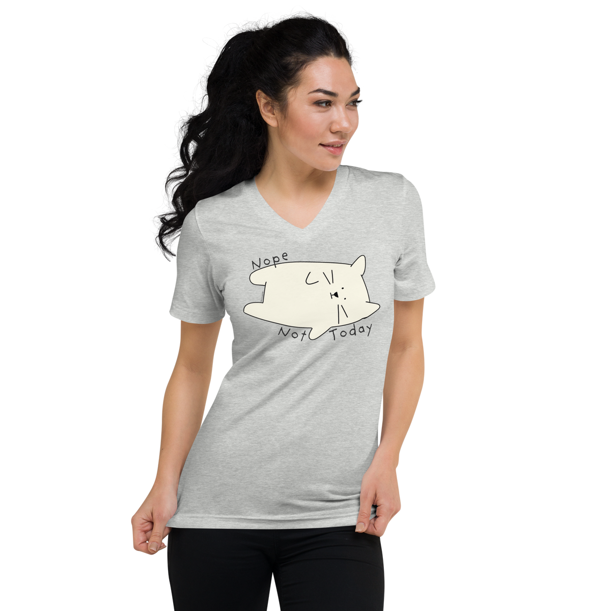 Athletic heather grey V-neck T-shirt with a cream cartoon cat and 'Nope Not Today' lettering.