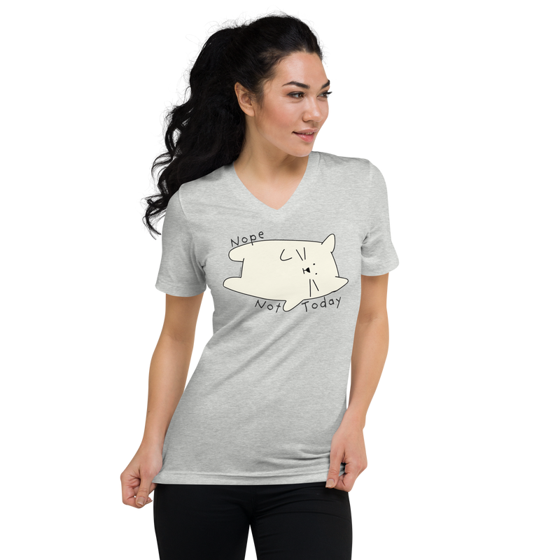 Athletic heather grey V-neck T-shirt with a cream cartoon cat and 'Nope Not Today' lettering.