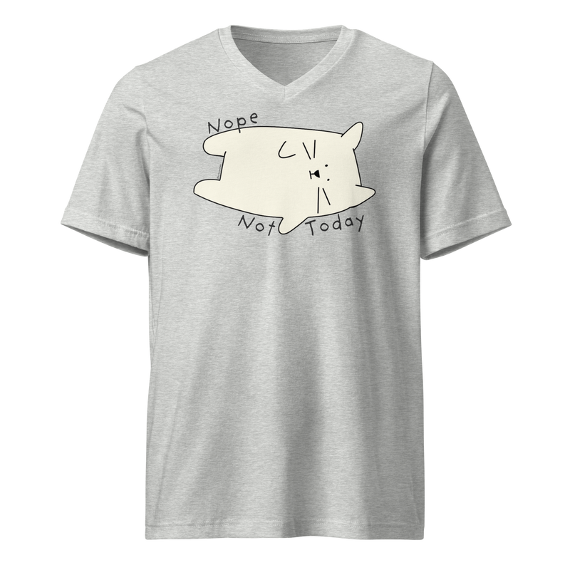 Athletic heather grey V-neck T-shirt with a cream cartoon cat and 'Nope Not Today' lettering.