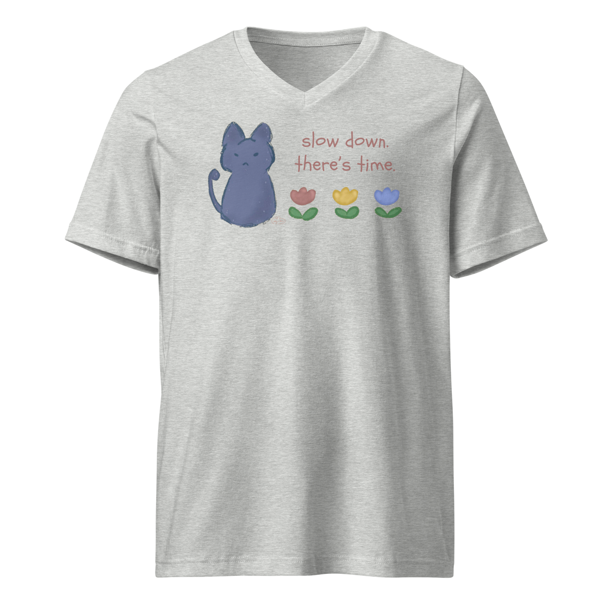 Athletic heather grey V-neck T-shirt with a blue cat, three flowers, and 'Slow down, there's time' lettering.