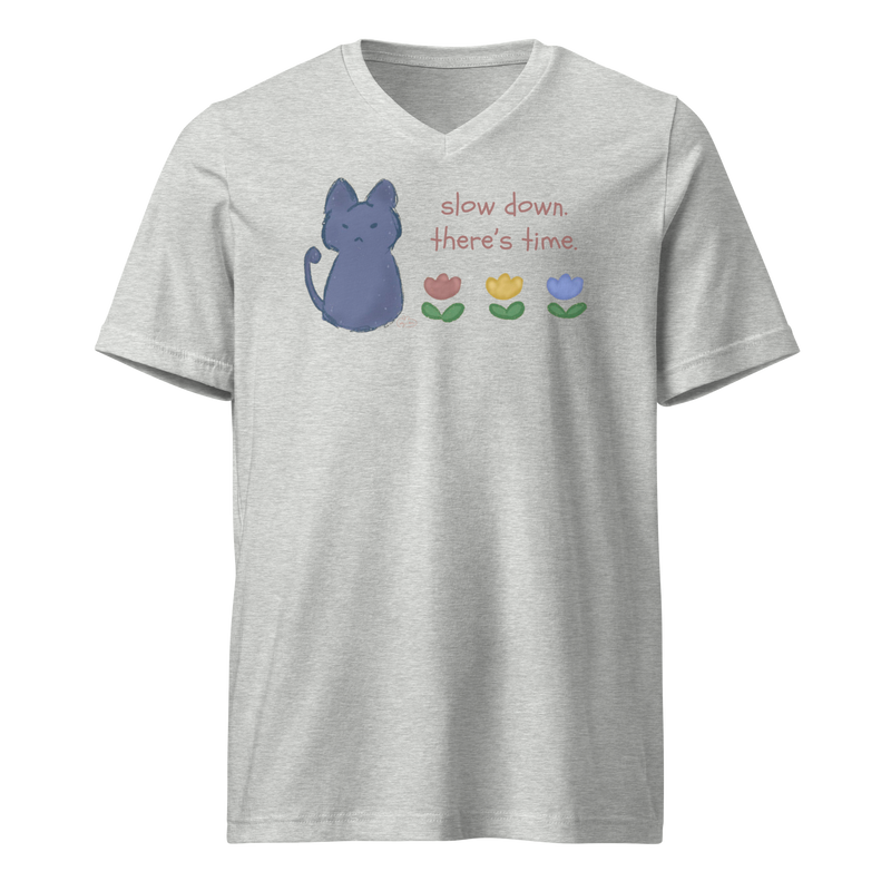 Athletic heather grey V-neck T-shirt with a blue cat, three flowers, and 'Slow down, there's time' lettering.