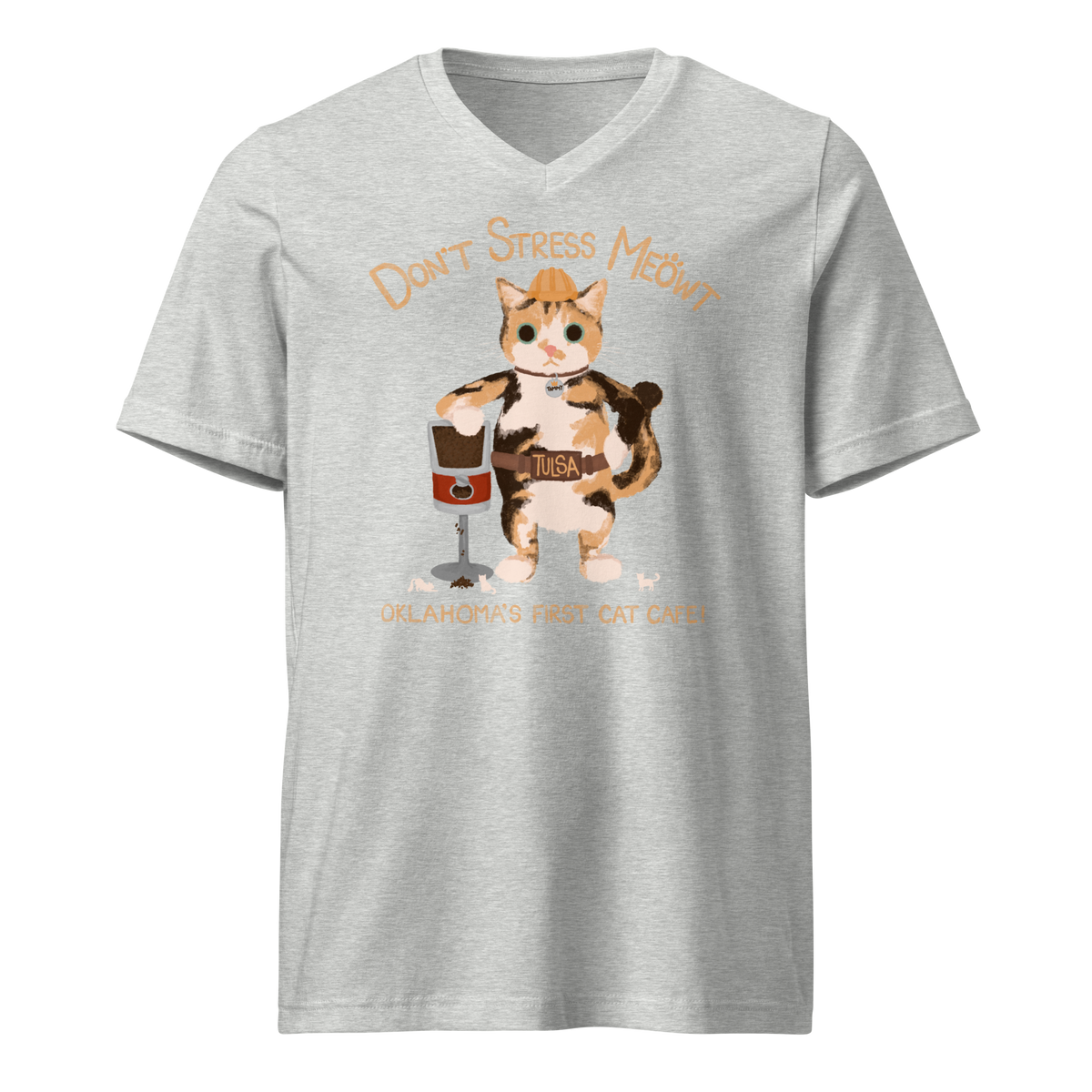 Athletic heather grey V-neck T-shirt with a calico cowboy cat and Don't Stress Meowt cat cafe lettering.