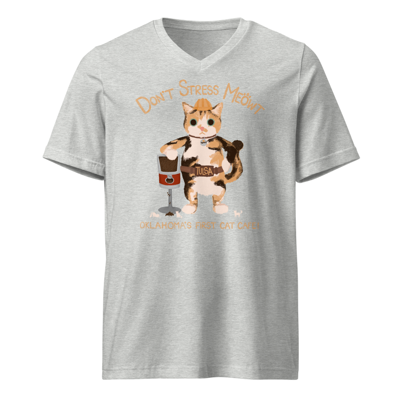 Athletic heather grey V-neck T-shirt with a calico cowboy cat and Don't Stress Meowt cat cafe lettering.