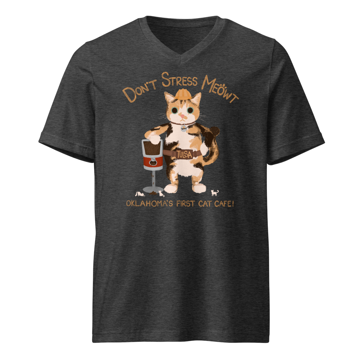 Dark heather grey V-neck T-shirt with a calico cowboy cat and Don't Stress Meowt cat cafe lettering.