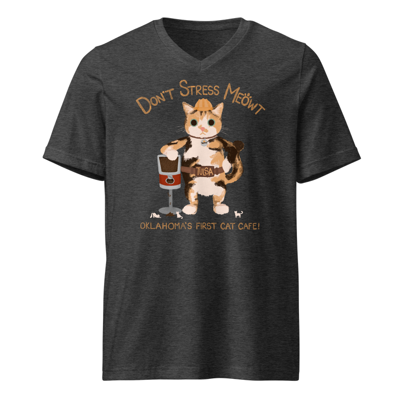 Dark heather grey V-neck T-shirt with a calico cowboy cat and Don't Stress Meowt cat cafe lettering.