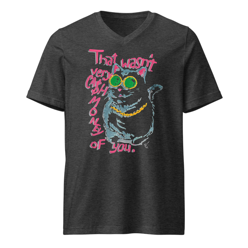 Dark heather grey V-neck T-shirt with a cat in green sunglasses and a gold chain beside pink 'That wasn't very cash money of you' lettering.