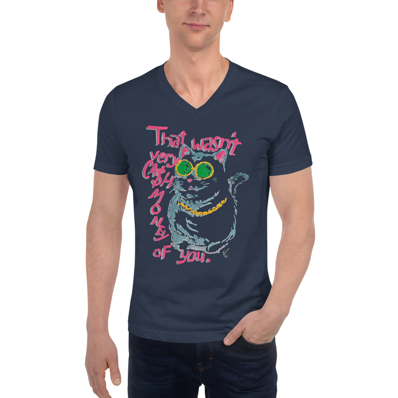 Model wearing a navy V-neck T-shirt with a cat in green sunglasses and a gold chain beside pink 'That wasn't very cash money of you' lettering.