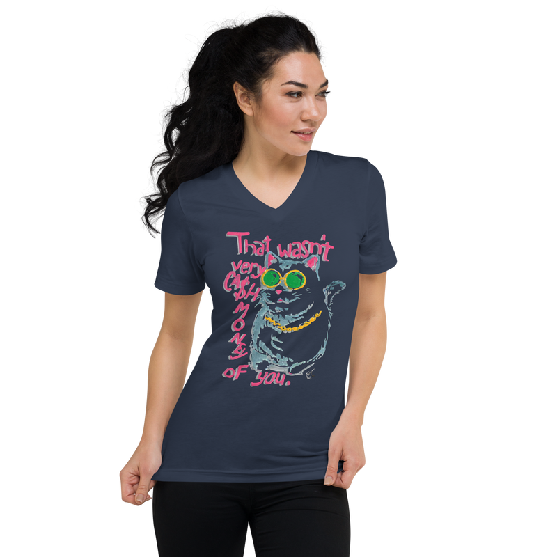 Model wearing a navy V-neck T-shirt with a cat in green sunglasses and a gold chain beside pink 'That wasn't very cash money of you' lettering.