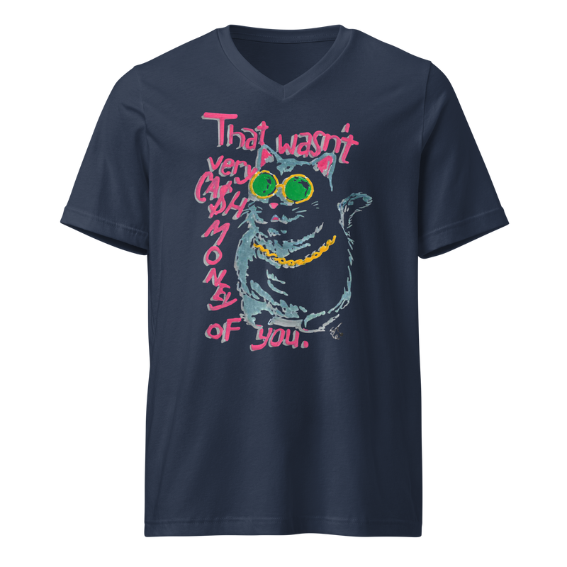 Navy V-neck T-shirt with a cat in green sunglasses and a gold chain beside pink 'That wasn't very cash money of you' lettering.