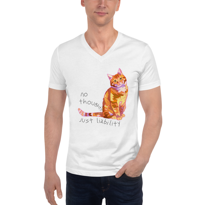 White V-neck T-shirt with a colorful orange cat and 'No Thoughts Just Liability' lettering.
