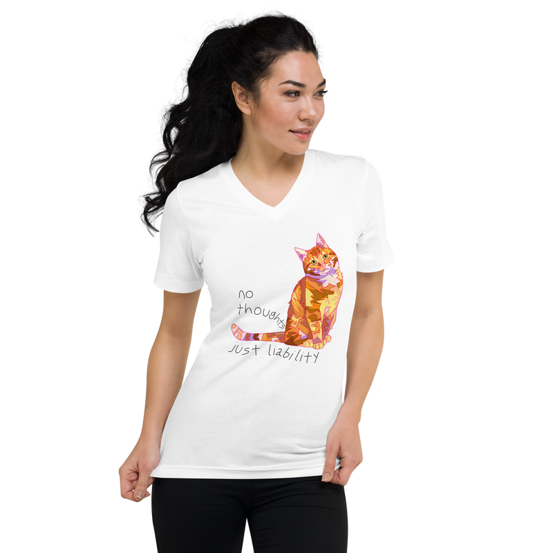White V-neck T-shirt with a colorful orange cat and 'No Thoughts Just Liability' lettering.